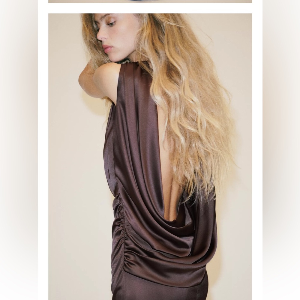 NEW Zara Open Back Satin Dress Brown Size M